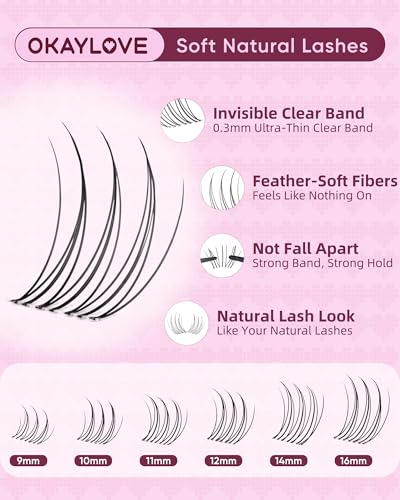OKAYLOVE Idol Natural Lash Clusters Kit Clear Band Eyelash Clusters Kit CC Curl 9-16mm Cluster Eyelash Extensions DIY Wispy Individual Lashes with Bond and Seal, Remover, Tweezers for Korean Makeup