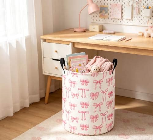 Girls Laundry Hamper Basket, Pink Bowknots | For Nursery Girls, Kids Toys Storage Bin Organizer, Boho Room Decor, Cute Design