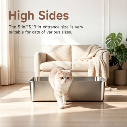 Stainless Steel High Sides Cat Litter Box,Medium | Leakproof one-piece design with non-stick,odor-free smooth surface.Ideal for indoor cats and kittens.
