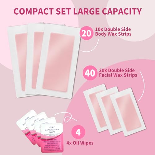 60PCS Wax Strips- 40Facial&20Body Waxing Kit for Women Hair Removal | Wax Strips for Face, Eyebrow, Body, Arms, Legs, Chest, Back, Bikini/Brazilian Waxing Strips & 4 Calming Oil Wipes,Rose