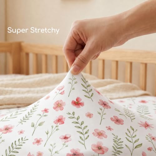 Pack and Play Mattress Sheets Fitted, 3 Pack Mini Crib Sheets | Stretchy Playard playpen Sheet, Compatible with Graco Pack N Play Mattress, Soft and Breathable Material, Pink Floral