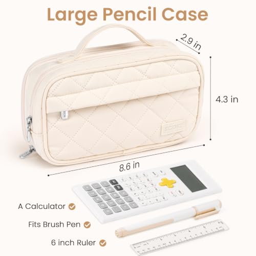 Sooez Large Pencil Case, Pencil Pouch with Handle, Pen Bag Marker Organizer | Soft Quilted, 7 Compartments, Wide Opening, Smooth Sturdy Zippers, Aesthetic Design, School Supplies for Teen Girls & Women