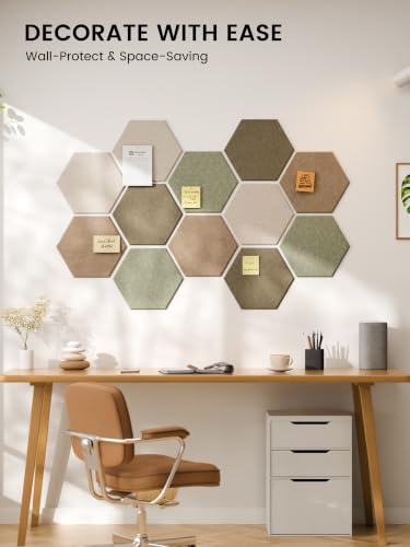 Fluxynara 12-Pack Hexagon Felt Bulletin Board Tiles, Linen Dusk-1 | Cork Board Alternative with 60 Adhesive Tabs for Notes, Photos and Reminders in Home Offices, Dorm and Classrooms