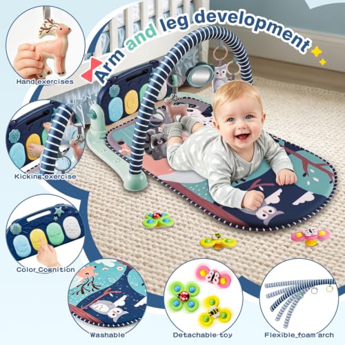 Joryuek Baby Play Mat, Tummy Time Mat with Piano Music and Lights, Baby Activity Play Gym with Sensory Development Toys, Boy and Girl Gifts for Newborn Infant Aged 0 to 3 6 9 12 Months (Navy Blue)