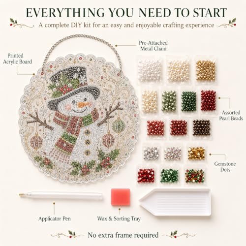 Christmas Pearl Diamond Painting Suncatcher Kit, DIY Craft (#C, 8in) | Pre-Assembled Metal Chain, Acrylic Round Board with Lace Edge, 3D Mixed-Sized Pearl Beads Craft, Festive Window Wall Decor