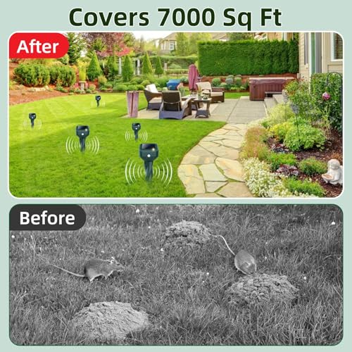 Mole Repellent Solar Powered, 4 Pack Snake & Skunk Repellent for Yard, IP 65 Waterproof Ultrasonic Deterrent Stakes, Get Rid of Rabbit, Gopher, Vole, Chipmunk, Deer, Groundhog for Lawns Garden