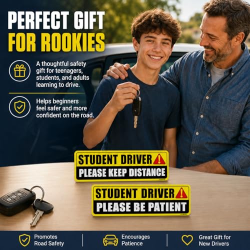 Student Driver Magnet for Car 2 Pack, Large Reflective 10x3.4 in | Please be patient new driver signs, weatherproof, stays on at highway speeds, removes clean, for teen and beginner drivers