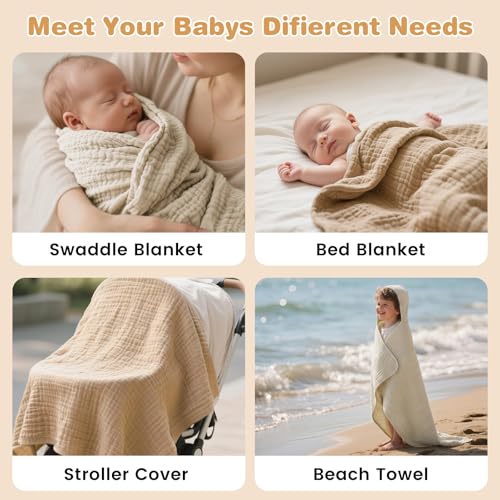 Muslin Hooded Baby Towels 2 Pack, 100% Cotton Baby Bath Towels for Newborn | 6-Layer Muslin Cotton, Ultra Soft & Highly Absorbent, 32x32 Inch, Deep Hood, Newborn to Toddler, Neutral Unisex