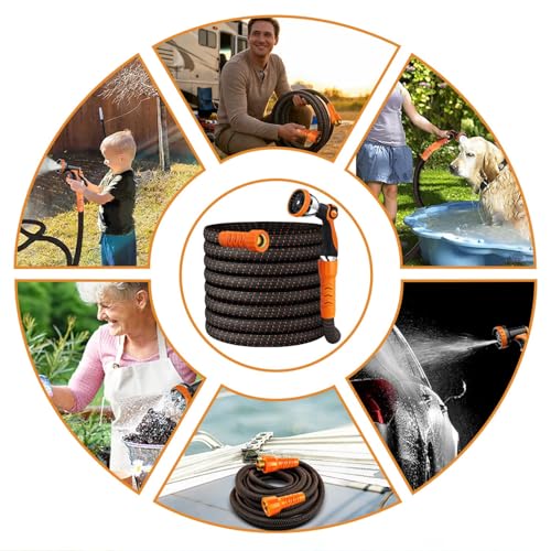 50FT Flexible Garden Hose & 10Modes Nozzle,Lightweight Water Hose,Kink-Free,All-Weather Heavy Duty Hose for RV,Boat,Car Wash,Garden,Yard,Camper,Outdoor (Orange-Black, 50 Feet)
