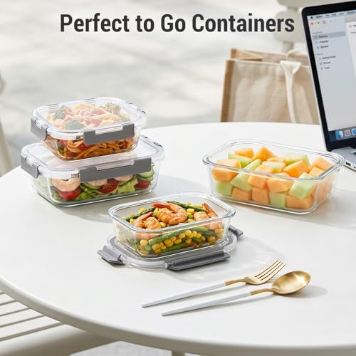 Dealusy 10 Sets 36 oz & 12 oz Glass Food Storage Containers with lids, Gray | 20-Piece Airtight Leak-proof Glass Meal Prep Containers with Lids, Microwave Oven Freezer Dishwasher Safe