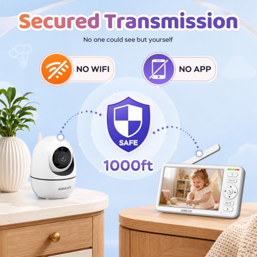 ANMEATE 6" Video Baby Monitor with Camera and Audio No WiFi | 48Hr Battery Life, Remote Pan Tilt Zoom, Thermal Sensor, Two-Way Audio, White Noise, 1000ft Long Range Secure Infant Monitor