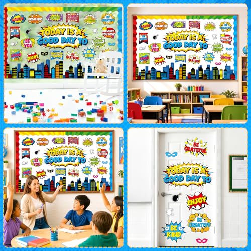 Hero Themed Mental Health Bulletin Board Set Motivational Classroom Decor Today is Good Day Inspirational Affirmation Super Themed Cutouts for Back to School Party Classroom Chalkboard Wall Door Decor