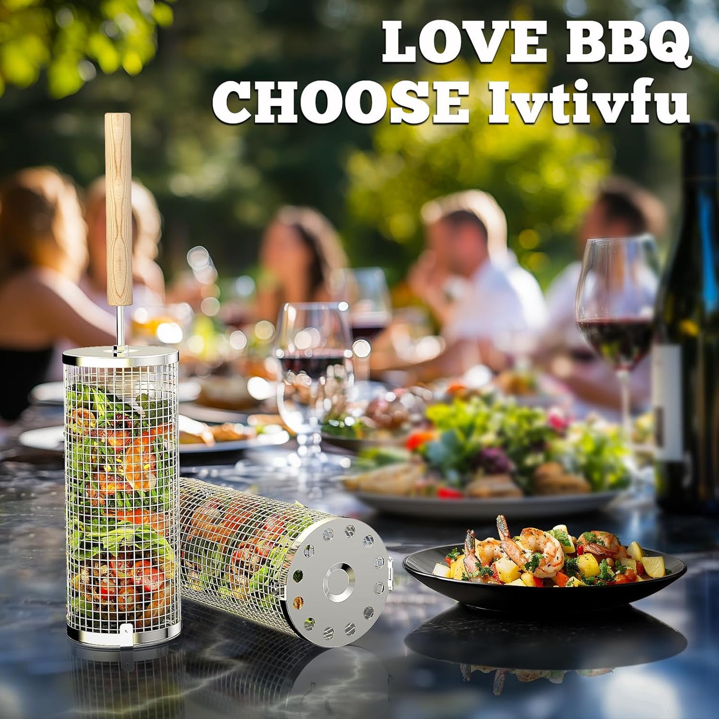 ivtivfu Rolling Grill Basket, Removable Wooden Handle, 304 Stainless Steel, Nesting BBQ Tools, Smoker Grilling Accessories for Vegetable, Outdoor Cooking Camping, Birthday Gifts for Men Dad Husband