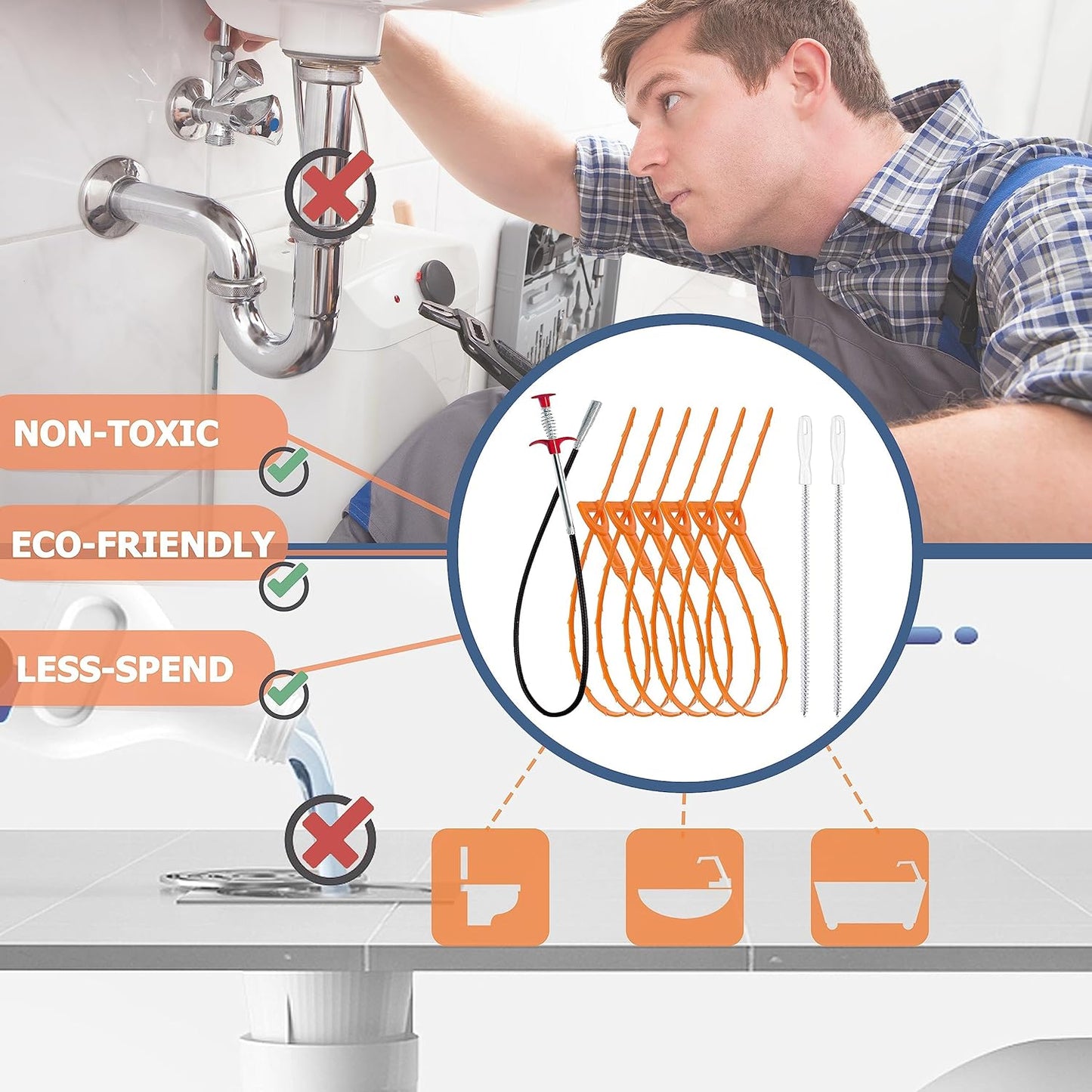35.5inch Drain Clog Remover(1pcs), 25inch Drain Snake Hair Remover(6pcs) •? Cleaning Brush(2pcs), Hair Catcher Drain Auger Cleaner Tool Set For Toilet, Kitchen Sink, Bathroom Tub, Sewer, 9 Pack
