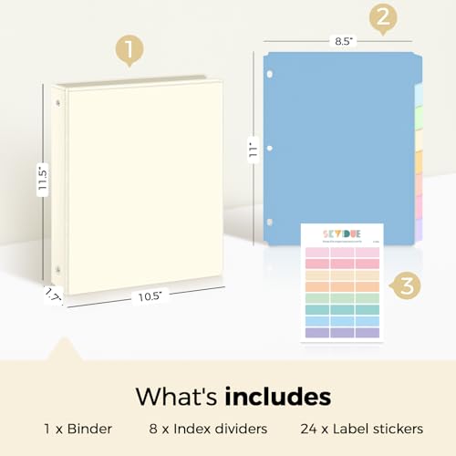 SKYDUE 1 Inch 3 Ring Binder with 8 Tab Dividers & 24 Labels, Pastel Binder Organizer for Letter Size Paper, Aesthetic School Binder for Notes, Documents, Office & Home Organization, Pearl White