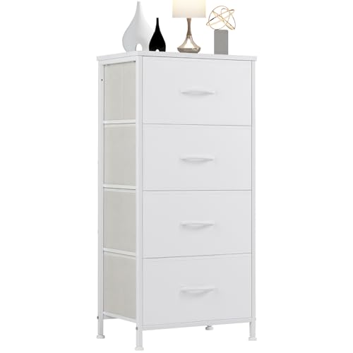 DUMOS Nightstand, Bedside Table with 4 Fabric Drawers | Night Stand with Removable Bins, Steel Frame Wood Top, Organizer Furniture for Bedroom Closet, Living Room, Chalky