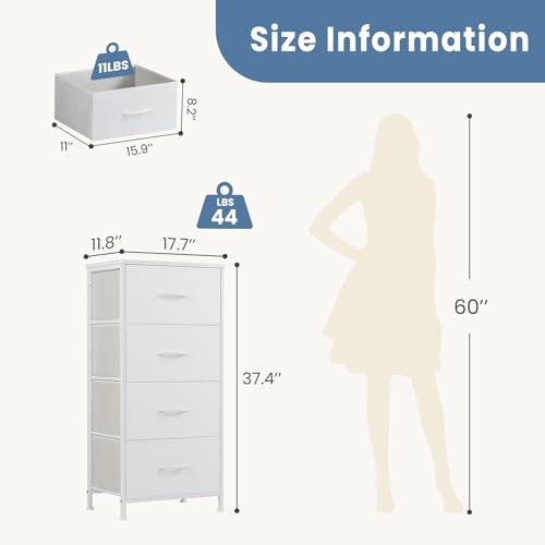 DUMOS Nightstand, Bedside Table with 4 Fabric Drawers | Night Stand with Removable Bins, Steel Frame Wood Top, Organizer Furniture for Bedroom Closet, Living Room, Chalky
