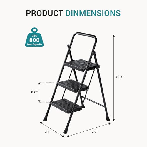 OLIXIS 3 Step Ladder, 800lbs Foldable Step Stool with Anti-Slip Pedal