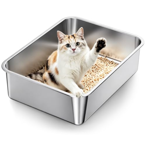 Stainless Steel High Sides Cat Litter Box,Medium | Leakproof one-piece design with non-stick,odor-free smooth surface.Ideal for indoor cats and kittens.