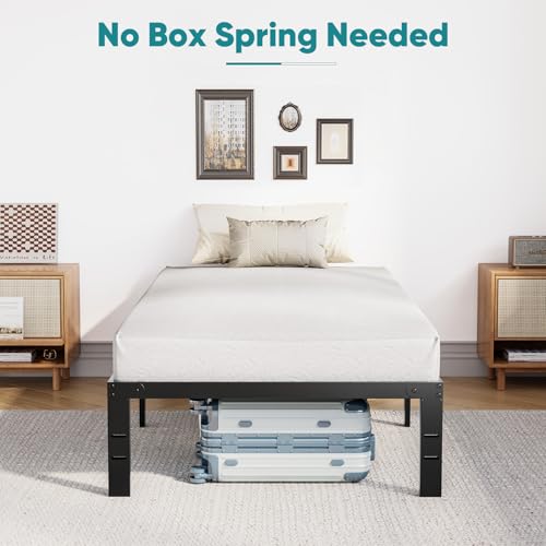 OLIXIS Twin Metal Platform Bed Frame - 14in High Heavy Duty Mattress Foundation with Storage Space, No Box Spring Needed, Sturdy Steel Slat Support, Easy Assembly, Black