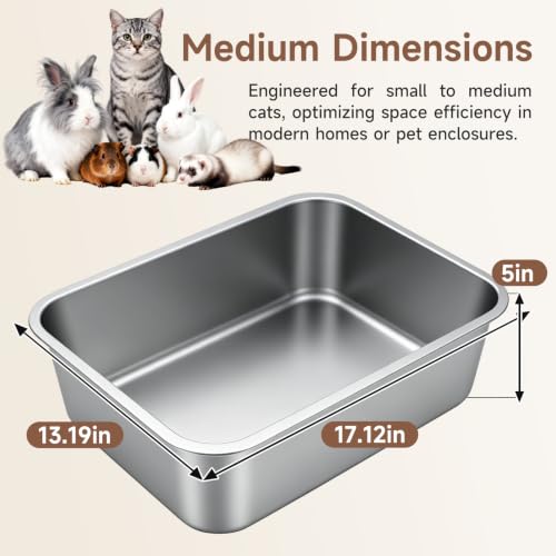 Stainless Steel High Sides Cat Litter Box,Medium | Leakproof one-piece design with non-stick,odor-free smooth surface.Ideal for indoor cats and kittens.