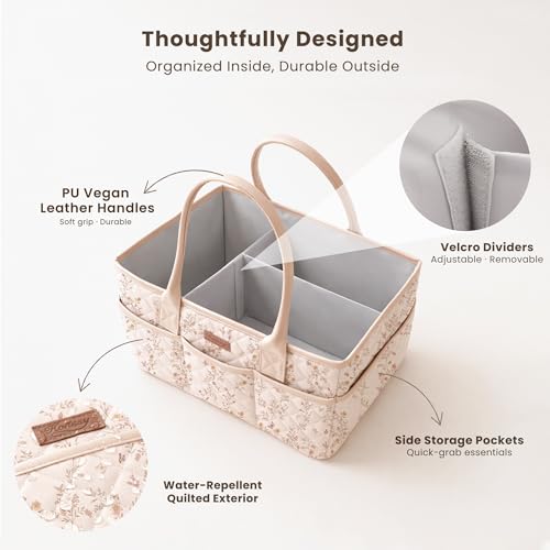 Konssy Baby Diaper Caddy Organizer, Floral Design with PU Leather Handles | Quilted, Water-Repellent, Diaper Caddy Basket with Removable Dividers, Baby Registry Must Have, Newborn Essentials (Floral)