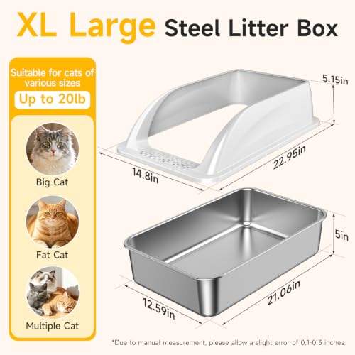 XL Open Top Stainless Steel Litter Box with High Sides,Light Gray | Extra Large Metal Cat Litter Pan , XL Litter Box, Non-Stick Easy Clean Anti-Leak Kitty Litter Pan, Odor Control, Open Top