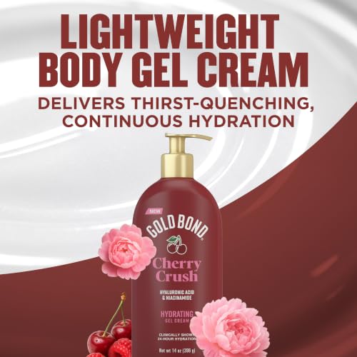 Gold Bond Cherry Crush Hydrating Gel Cream, Juicy Cherry Crush Scent, 24-Hour Hydrating Body Lotion with Hyaluronic Acid and Niacinamide, 14 oz.