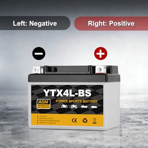 YTX4L-BS Motorcycle Battery 12V 3Ah, 70 CCA Sealed AGM Rechargeable Maintenance Free Battery, Replacement for ATV, 50cc Scooter, Dirt Bike