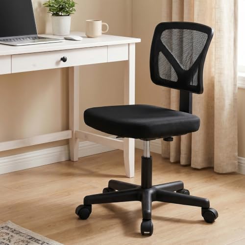 Sweetcrispy Small Armless Desk Chair, Mesh Rolling Office Chairs | Adjustable Ergonomic Lumbar Support, Low-Back, Swivel Wheels, Home Work, Bedroom, Study, Student, Adults, New Black