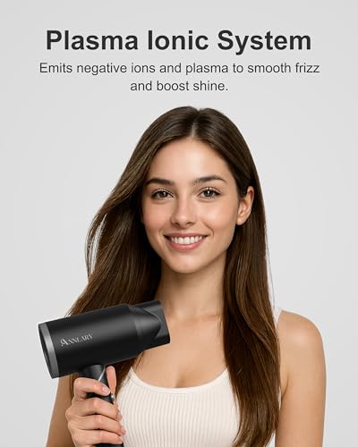 ANNLARY Hair Dryer with Comb, ANNLARY 1800W Blow Dryer with Diffuser for Curly Hair, Plasma Ionic Hair Dryer for Frizz Control, Foldable Portable Low Noise Hairdryer, 6.5 ft ALCI Cord