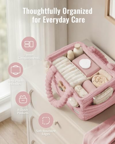 Blissful Diary Flannel Diaper Caddy Organizer with Gift Packaging, Portable Nursery Storage Basket, Gift for Baby Shower, Newborn Boys & Girls Essentials, Registry Search Must Haves, Blush Pink