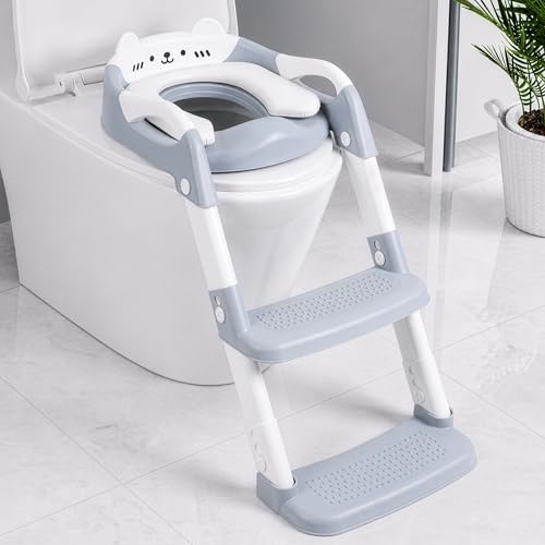 Orzbow Potty Training Seat with Step Stool, Adjustable Height, Anti-Slip | Safety Handles, Comfortable Seat Cushion, Splash Guard for Toddler Boys and Girls, Fits Most Toilets, Foldable Storage, Gray