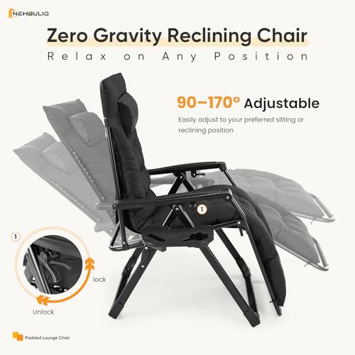 NEWBULIG Zero Gravity Chair, Folding Patio Recliner with Cup Holder Trays | Portable Patio Chairs, Lounge Chair for Outdoor, Indoor, Beach, Pool, Camping, Balcony, Porch, Black