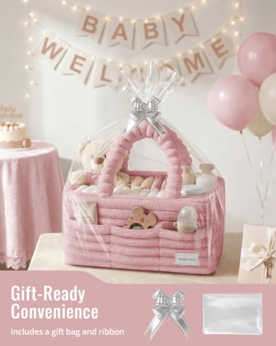 Blissful Diary Flannel Diaper Caddy Organizer with Gift Packaging, Portable Nursery Storage Basket, Gift for Baby Shower, Newborn Boys & Girls Essentials, Registry Search Must Haves, Blush Pink