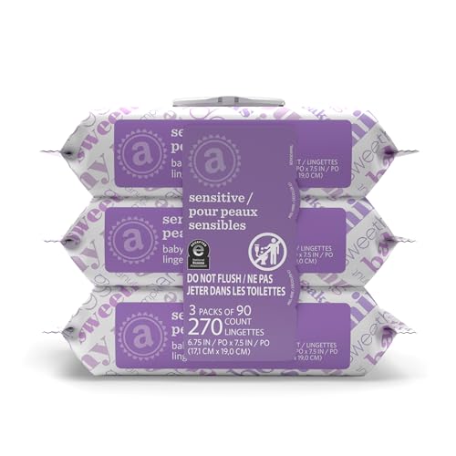 Amazon Elements Baby Wipes, Sensitive, Unscented, Cleans Gently, 270 Count, Flip-Top Packs, Pack of 3
