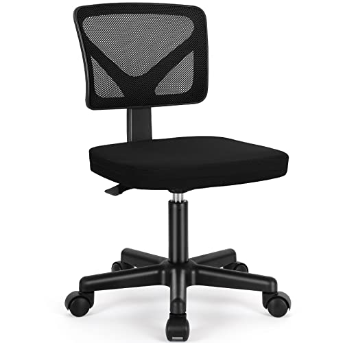 Sweetcrispy Small Armless Desk Chair, Mesh Rolling Office Chairs | Adjustable Ergonomic Lumbar Support, Low-Back, Swivel Wheels, Home Work, Bedroom, Study, Student, Adults, New Black
