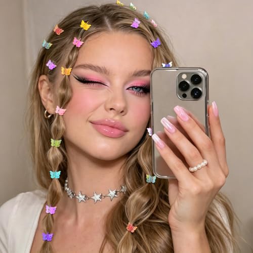 Mini Butterfly Hair Clips, Y2K 90s 50pcs Hair Accessories (Rainbow Plating) | Tiny Small Claw Clips, Cute Barrette, Festival Plastic Jewelry, for Women Girls