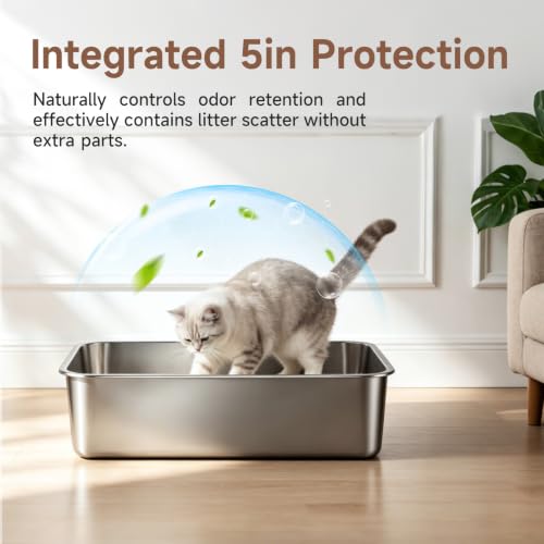 Stainless Steel High Sides Cat Litter Box,Medium | Leakproof one-piece design with non-stick,odor-free smooth surface.Ideal for indoor cats and kittens.
