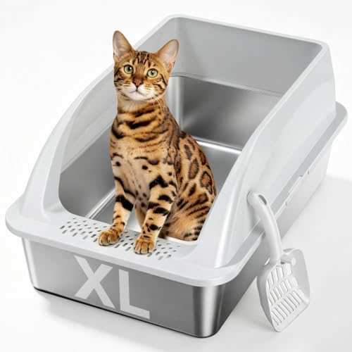 XL Open Top Stainless Steel Litter Box with High Sides,Light Gray | Extra Large Metal Cat Litter Pan , XL Litter Box, Non-Stick Easy Clean Anti-Leak Kitty Litter Pan, Odor Control, Open Top