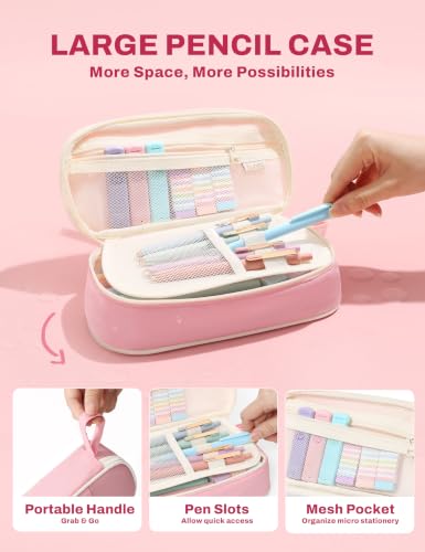 SUNEE Pencil Case with Supplies, 35PCS Aesthetic Stationery Set with Pastel Highlighters, Black Gel Pens, Mechanical Pencils & Refills, Cute School Supplies for Teachers Girls College Pink