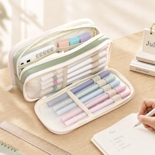 Sooez Large Capacity Pencil Case Pouch, Cute Pencil Pouch Pencil Bag | 3 Compartment, Aesthetic Pen Case with Zipper, Stationery Organizer, School Supplies for Teen Girl Boy Women Men, Black