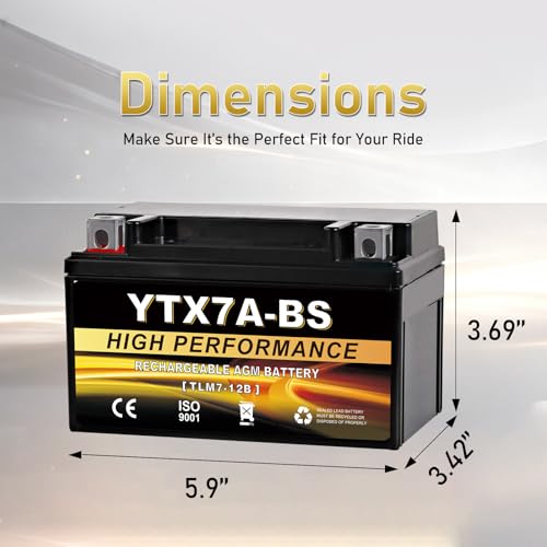 YTX7A-BS 12V 6Ah AGM Sealed Motorcycle Battery, Maintenance-Free, Compatible with GY6 50CC 125CC Scooters & Mopeds