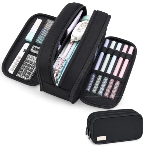 Sooez Large Capacity Pencil Case Pouch, Cute Pencil Pouch Pencil Bag | 3 Compartment, Aesthetic Pen Case with Zipper, Stationery Organizer, School Supplies for Teen Girl Boy Women Men, Black