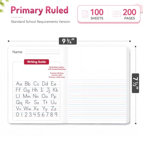 Forvencer Primary Composition Notebook K-2, Primary Journal Draw and Write | Half Page Composition Notebook, Primary Ruled Paper Grades K-2 and Kindergarten, 200 Pages/100 Sheets, 9.75 x 7.5 in , Pink