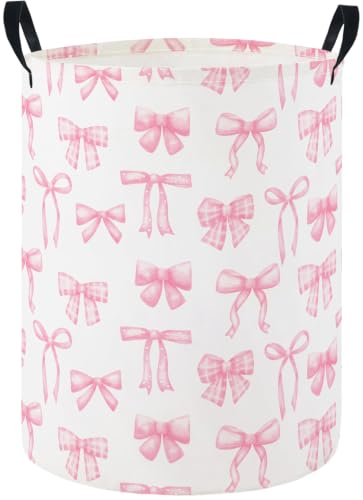 Girls Laundry Hamper Basket, Pink Bowknots | For Nursery Girls, Kids Toys Storage Bin Organizer, Boho Room Decor, Cute Design
