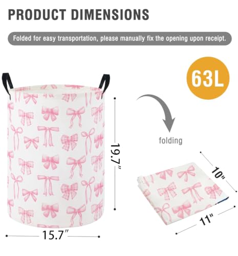 Girls Laundry Hamper Basket, Pink Bowknots | For Nursery Girls, Kids Toys Storage Bin Organizer, Boho Room Decor, Cute Design