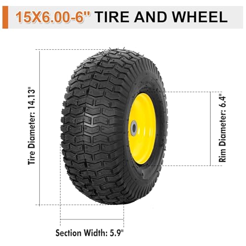 2 Pack 15x6.00-6 Lawn Mower Front Tire and Wheel Assembly, Fits John Deere Riding Mowers 100 & 300 Series, 3" Offset Hub, 3/4", 5/8" & 1/2" Bushings
