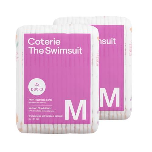 Coterie Baby Swim Diapers, Size Medium (20-34 lbs), 2-Pack | Includes 36 total swim diapers (2-Packs x 18), perfect for pool & beach, hypoallergenic, plant-based, no-swell design