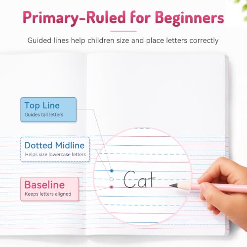 Forvencer Primary Composition Notebook K-2, Primary Journal Draw and Write | Half Page Composition Notebook, Primary Ruled Paper Grades K-2 and Kindergarten, 200 Pages/100 Sheets, 9.75 x 7.5 in , Pink